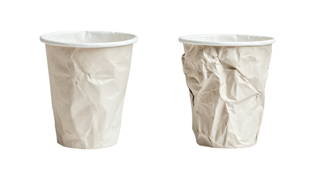 Disposable crumpled paper cups showing textured crushed surfaces and lightweight waste materials suitable for recycling purposes isolated on white background