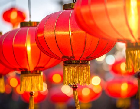 Close-up of bright red lanterns with golden tassels, soft bokeh - Powered by Adobe