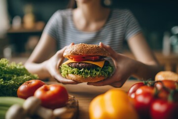 Woman holds a delicious hamburger surrounded by fresh vegetables on a wooden table in a cozy kitchen setting