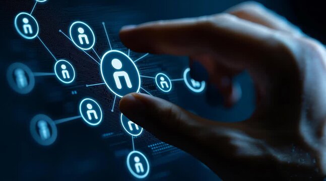 Person interacting with digital touchscreen interface pushing button for modern technology experience with advanced control.