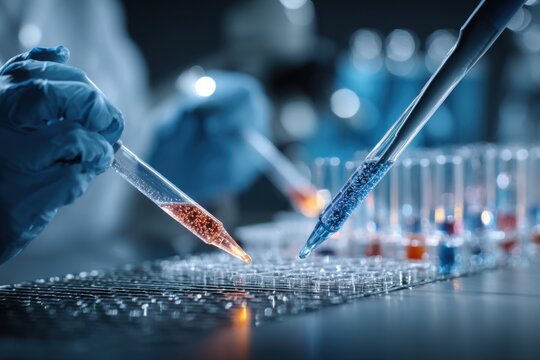 Scientists conduct research in biotechnology laboratory using test tubes and pipettes for experiments on genetic material and chemical analysis