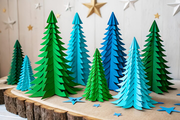 Festive Christmas trees crafted from paper.