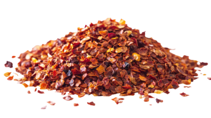 Spicy chili pepper flakes chopped into coarse fiery pieces showing bold heat and vibrant texture isolated on white background