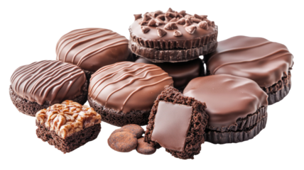 Delicious chocolate pastry cakes with rich layered texture and smooth glossy surface showcasing sweet bakery perfection isolated on white background