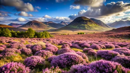 Obraz premium Vibrant purple heather field with majestic mountains under a dramatic sky