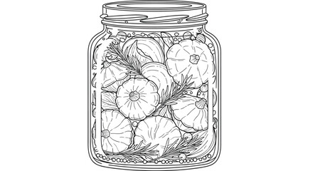 A line art drawing of a glass jar filled with preserved fruit slices and herbs in a liquid.