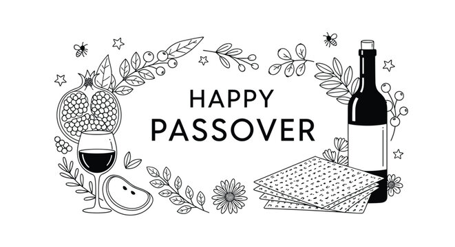 Happy Passover wishes with wine matzah and fruit garland.