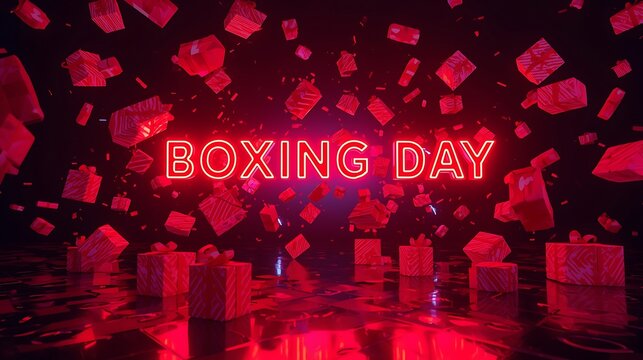 Vibrant neon boxing day sign illuminates a red festive atmosphere with falling petals