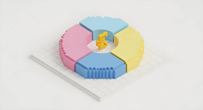 ボクセルアート 財務概要 箱庭イラスト 円グラフと通貨記号背景