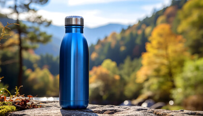White water bottle - mockup for text or logo, leaning on a rock on a hiking trail, mountains in the background, bright sunny day with clouds