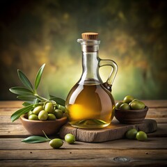Premium Olive Oil Bottle with Olives on Wooden Table, Clean Gradient Background