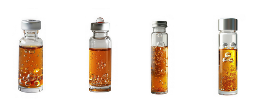 Four glass vials containing amber liquid and small particles, isolated on transparent background