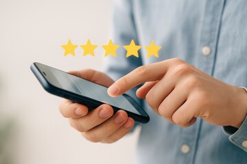 Individual rating a mobile app using a smartphone, symbolizing user feedback and engagement in digital experiences. Concept of reviews, customer satisfaction, and mobile technology.