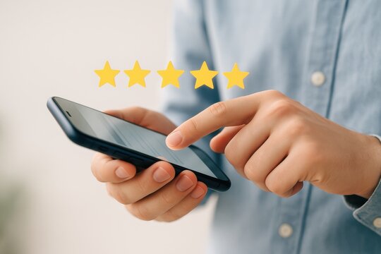 Individual rating a mobile app using a smartphone, symbolizing user feedback and engagement in digital experiences. Concept of reviews, customer satisfaction, and mobile technology.