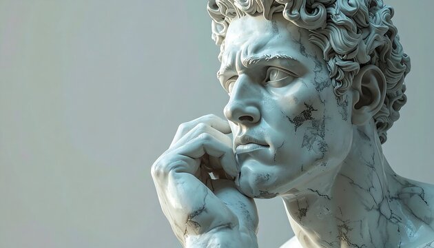 Close-up of a marble statue's profile with a pensive expression