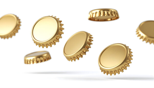 Five golden bottle caps 3d white background