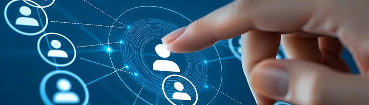 Human hand digitally interacting with touch screen interface displaying network connection symbol for modern technology.