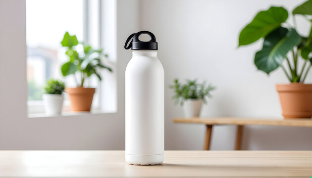 White reusable water bottle with carabiner clip on a gray background