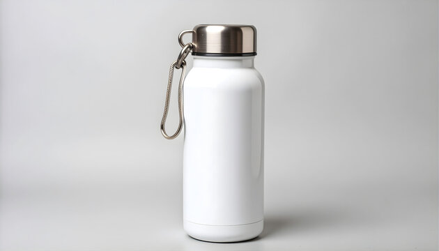 White reusable water bottle with carabiner clip on a gray background