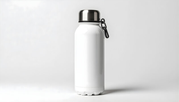 White reusable water bottle with carabiner clip on a gray background