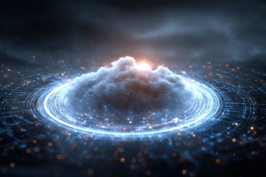 Digital cloud computing concept illustrates data transfer technology with glowing connections and abstract representations of information flow in a virtual environment