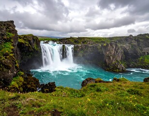 Fototapeta premium Majestic cascade of water flows into a vibrant turquoise pool