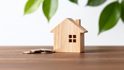 Wooden house model with coins