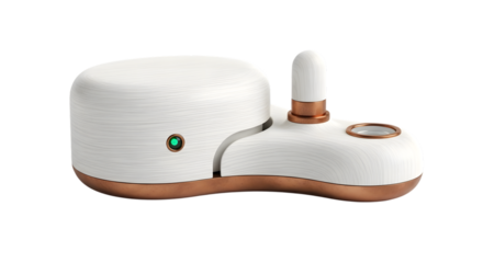 Modern white automatic plant watering device with copper accents isolated on transparent background