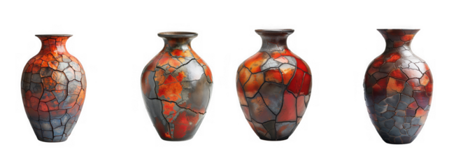 Four rustic, cracked ceramic vases with vibrant red and orange glaze, isolated on transparent background