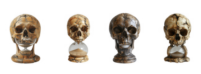 Four ancient skull sculptures with hourglass elements, isolated on transparent background
