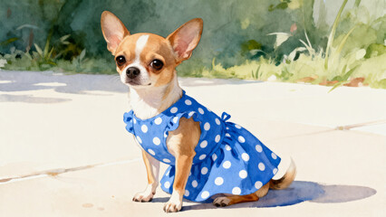 Chihuahua in blue polka dot dress