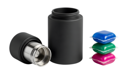 Laundry pods and black containers isolated on transparent background are displayed