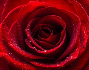 Close-up of a vibrant red rose with water droplets, showing intricate petals