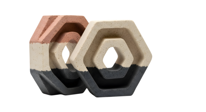 Two hexagonal planters with geometric design isolated on transparent background