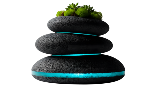 Zen stones with green moss isolated on transparent background create a peaceful scene