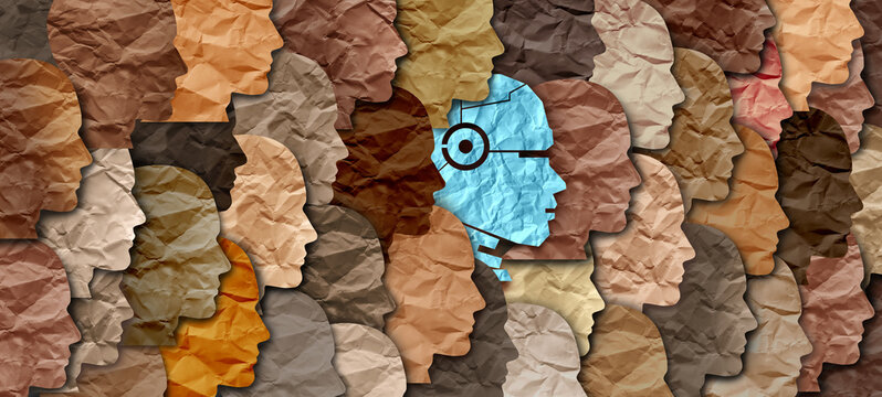 Robots In Society as a concept of the disruptive changes coming to the world as a cyborg within a diverse community of people as AI or artificial intelligence as an economic game changer.