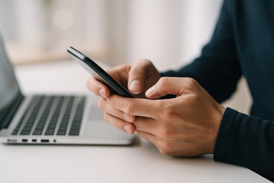 Person using smartphone while working on laptop at a desk, illustrating the intersection of technology and productivity in modern communication.