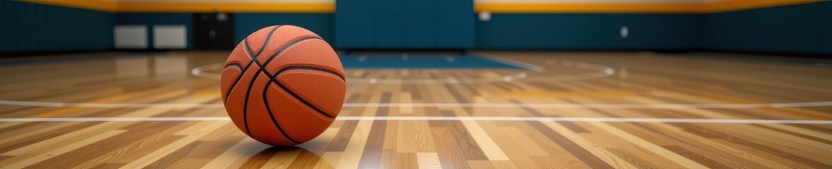 Obraz premium A classic brown basketball rests on a polished wooden basketball court, ready for play, hobby, athletic