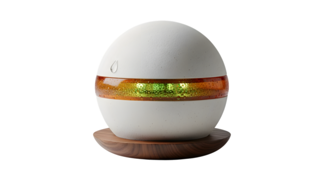 Modern spherical planter with wooden base isolated on transparent background