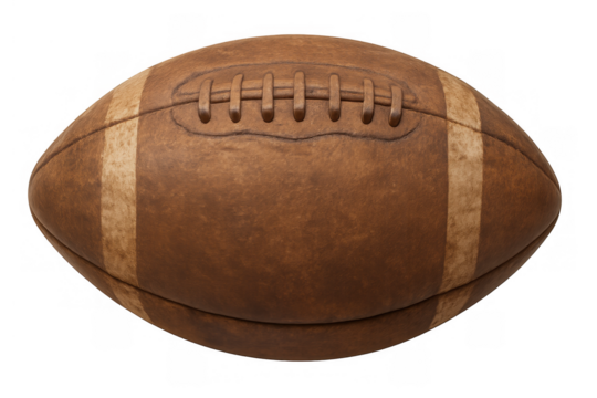 Vintage american football brown leather ball, classic retro pigskin for sport, game and championship, transparent background