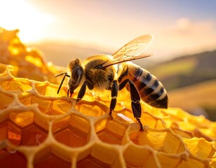 Close-up of honeybee on honeycomb, backlit by golden sunlight