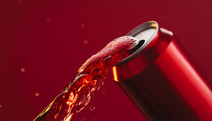 A product photography shot of a red aluminum beverage can pouring red liquid with a dramatic splash effect against a solid red background