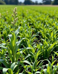 Lush Green Agricultural Field with Prominent Tall Plant