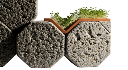 Modular concrete planter with green plants isolated on transparent background