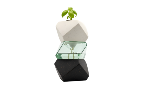 Stacked geometric vases with plant isolated on transparent background
