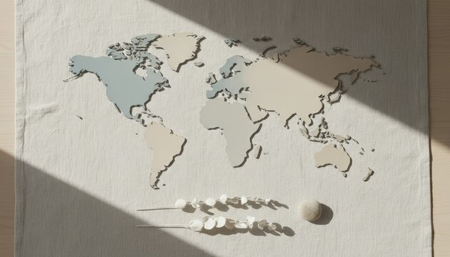 Minimalist world map flat lay with natural decor elements