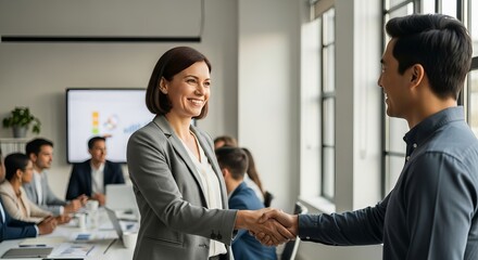 Fototapeta premium Woman in gray blazer shaking hands with man in blue shirt in a bright office setting with colleagues