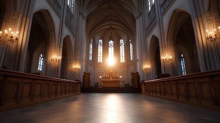 Sunlight streams through stained glass into a majestic church interior