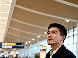Young Asian Man Looking Up in a Modern Airport Terminal