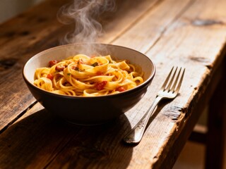 Bowl of Hot Steaming Pasta with Tomato Sauce on a Rustic Wooden Table